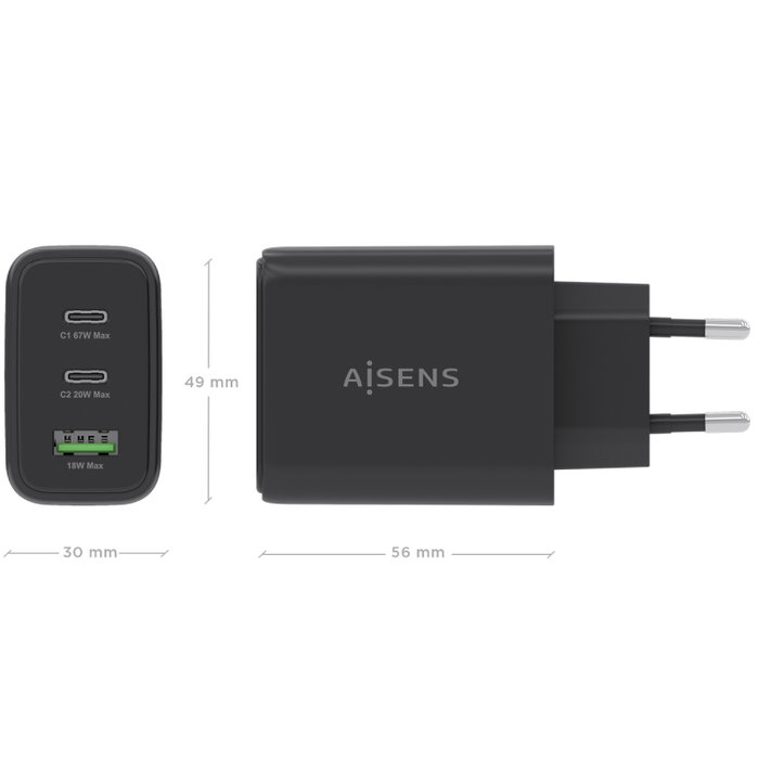 Aisens Cargador de Pared GaN 67W con 2xUSB-C y 1xUSB-A, Negro